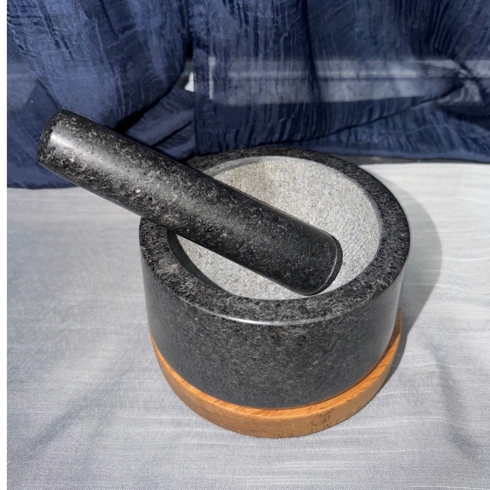 Waldwerk Mortar &‎ Pestle Set Medium, Dark Gray Granite With Wood Base